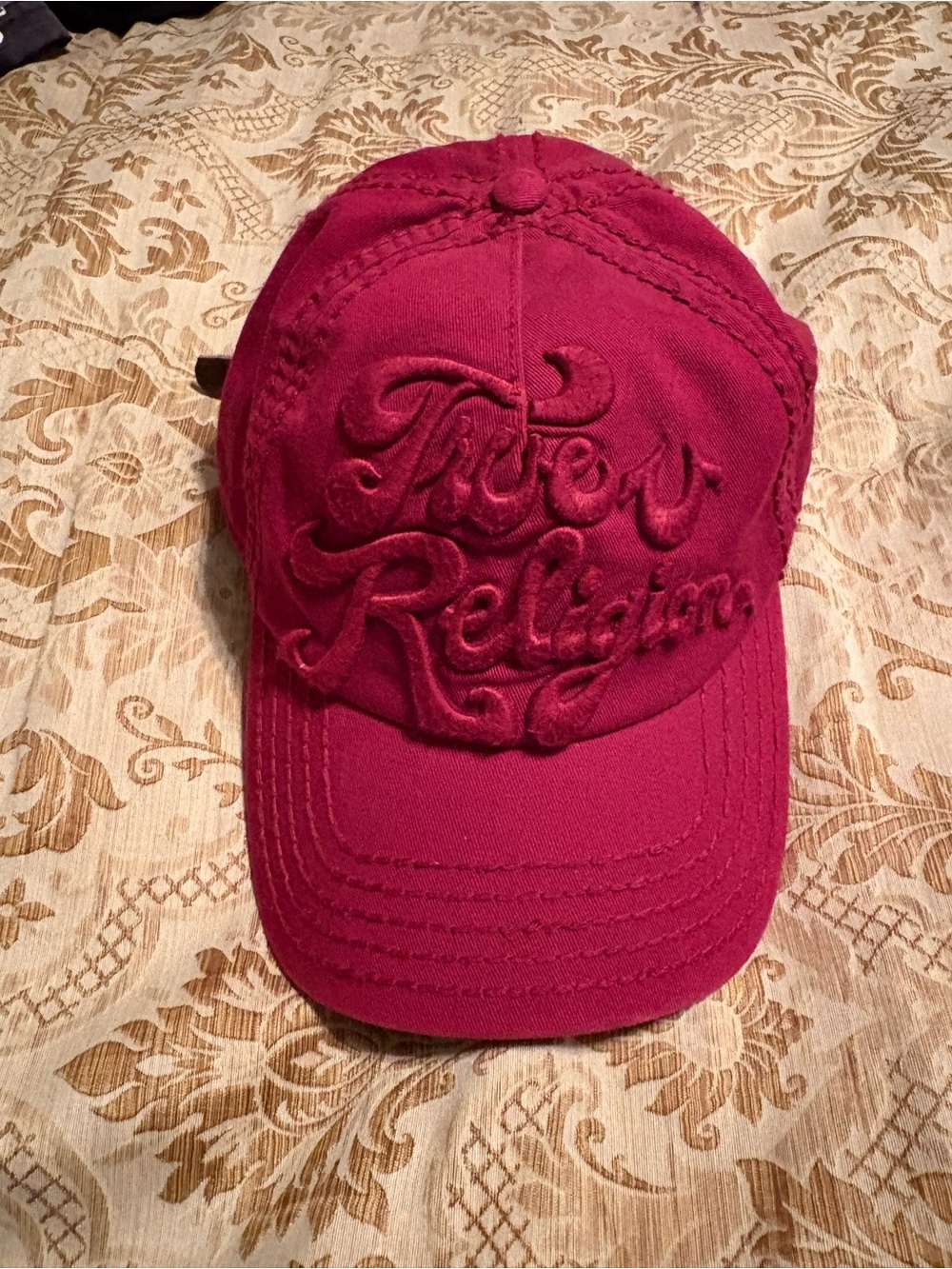 True Religion Vintage Hat Paisley Tape Leather Strap Red Super T Baseball Cap